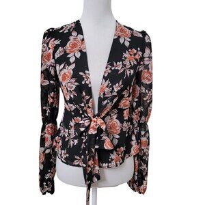 JustFab Size XS Black with Muted Floral Pattern Long Sleeve Tie Front Blouse